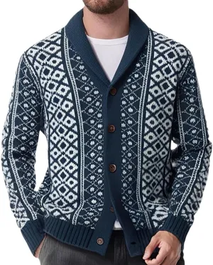 Mens Shawl Collar Cardigan Sweaters Jacquard Knit Button Down Vintage Fall Winter Cardigans