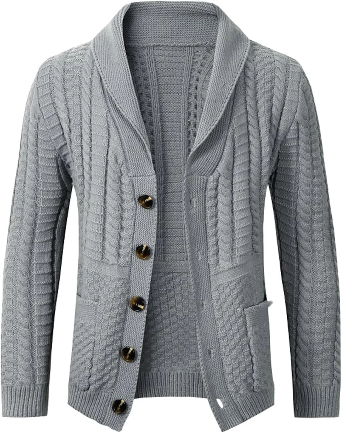Men's Twisted Knit Sweater Cardigan Fashion Shawl Collar Button Down Long Sleeves Soft Comfy Sweater Jacket Tops