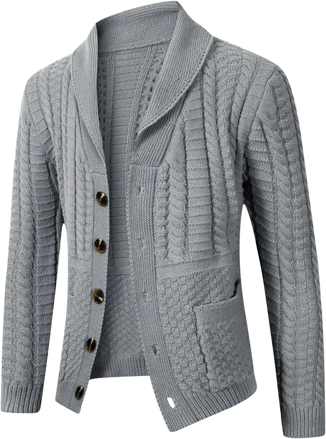 Men's Twisted Knit Sweater Cardigan Fashion Shawl Collar Button Down Long Sleeves Soft Comfy Sweater Jacket Tops