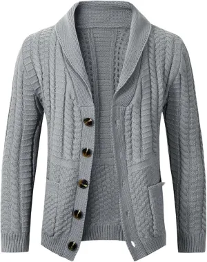 Men's Twisted Knit Sweater Cardigan Fashion Shawl Collar Button Down Long Sleeves Soft Comfy Sweater Jacket Tops