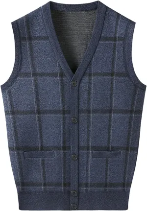 Men's V Neck Vest Sweater Sleeveless Knitted Pullover Vintage Ribbed Tops Lightweight Knitwear Casual Loose Sweaters
