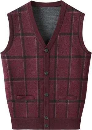 Men's V Neck Vest Sweater Sleeveless Knitted Pullover Vintage Ribbed Tops Lightweight Knitwear Casual Loose Sweaters