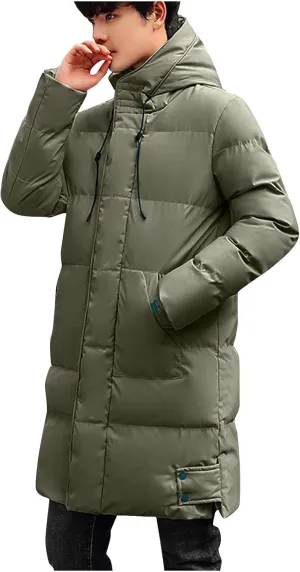 Mens Winter 2024 Tops Solid Mid-Length Jacket Classic Button Pocket Blouses Fashion Long Sleeve Hooded Jackets Coats