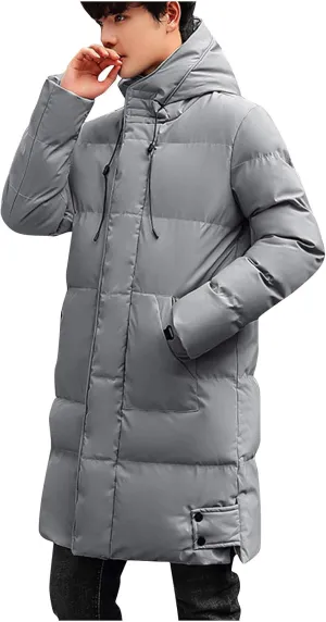Mens Winter 2024 Tops Solid Mid-Length Jacket Classic Button Pocket Blouses Fashion Long Sleeve Hooded Jackets Coats