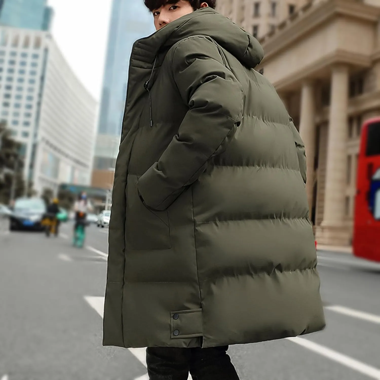 Mens Winter 2024 Tops Solid Mid-Length Jacket Classic Button Pocket Blouses Fashion Long Sleeve Hooded Jackets Coats