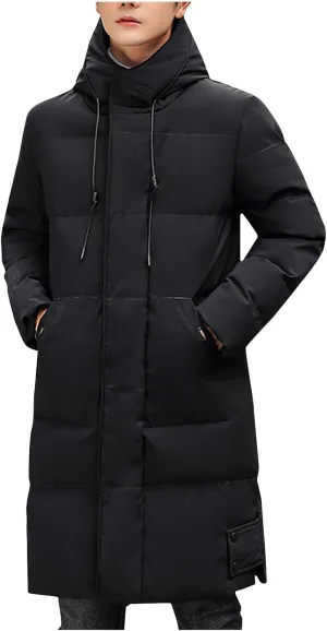 Mens Winter 2024 Tops Solid Mid-Length Jacket Classic Button Pocket Blouses Fashion Long Sleeve Hooded Jackets Coats