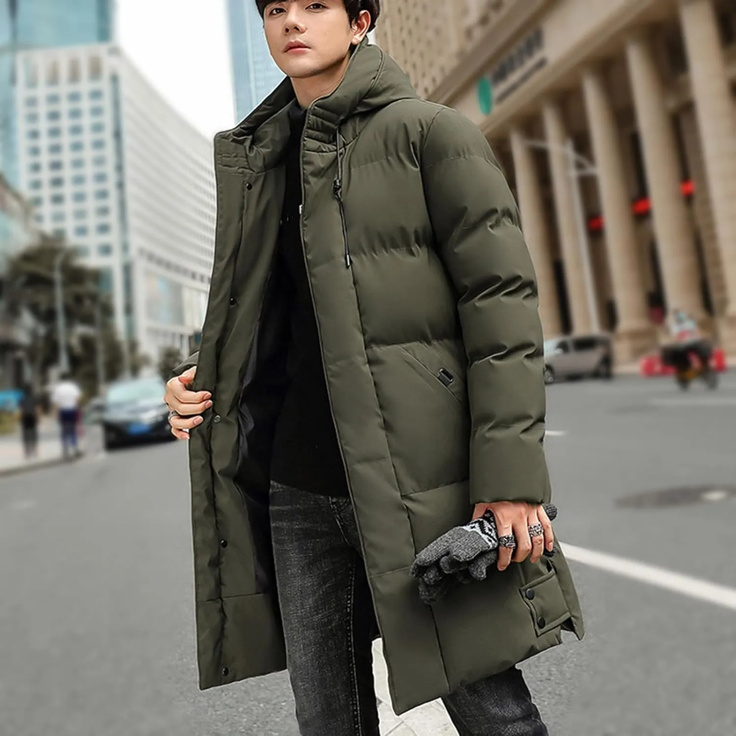 Mens Winter 2024 Tops Solid Mid-Length Jacket Classic Button Pocket Blouses Fashion Long Sleeve Hooded Jackets Coats