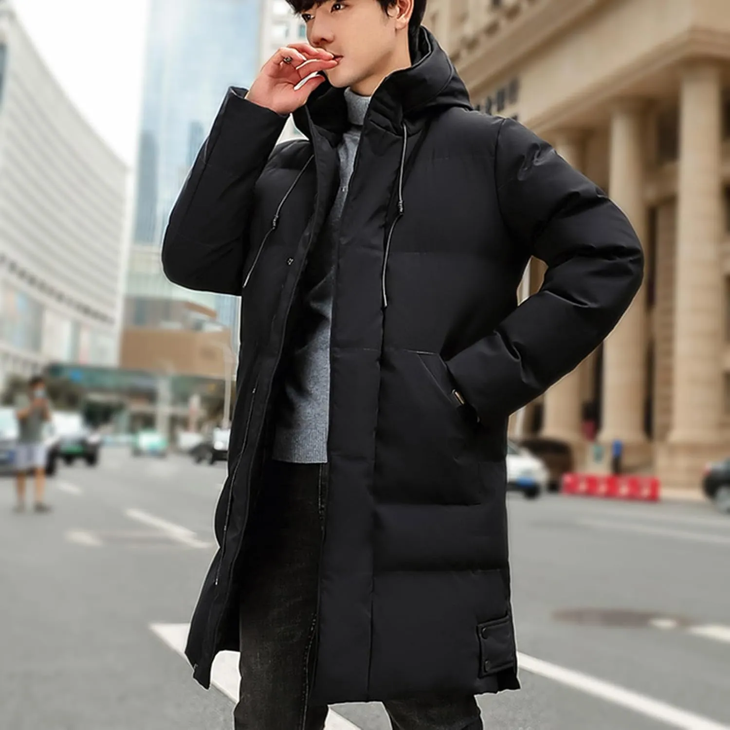 Mens Winter 2024 Tops Solid Mid-Length Jacket Classic Button Pocket Blouses Fashion Long Sleeve Hooded Jackets Coats