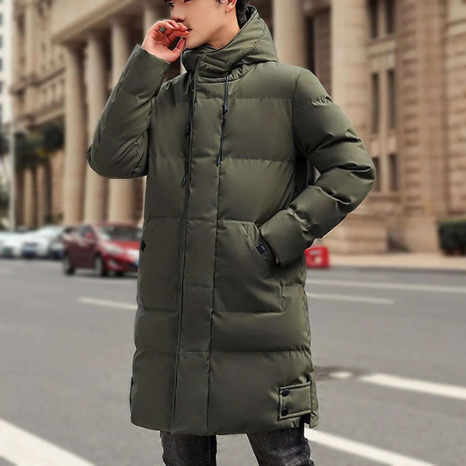 Mens Winter 2024 Tops Solid Mid-Length Jacket Classic Button Pocket Blouses Fashion Long Sleeve Hooded Jackets Coats