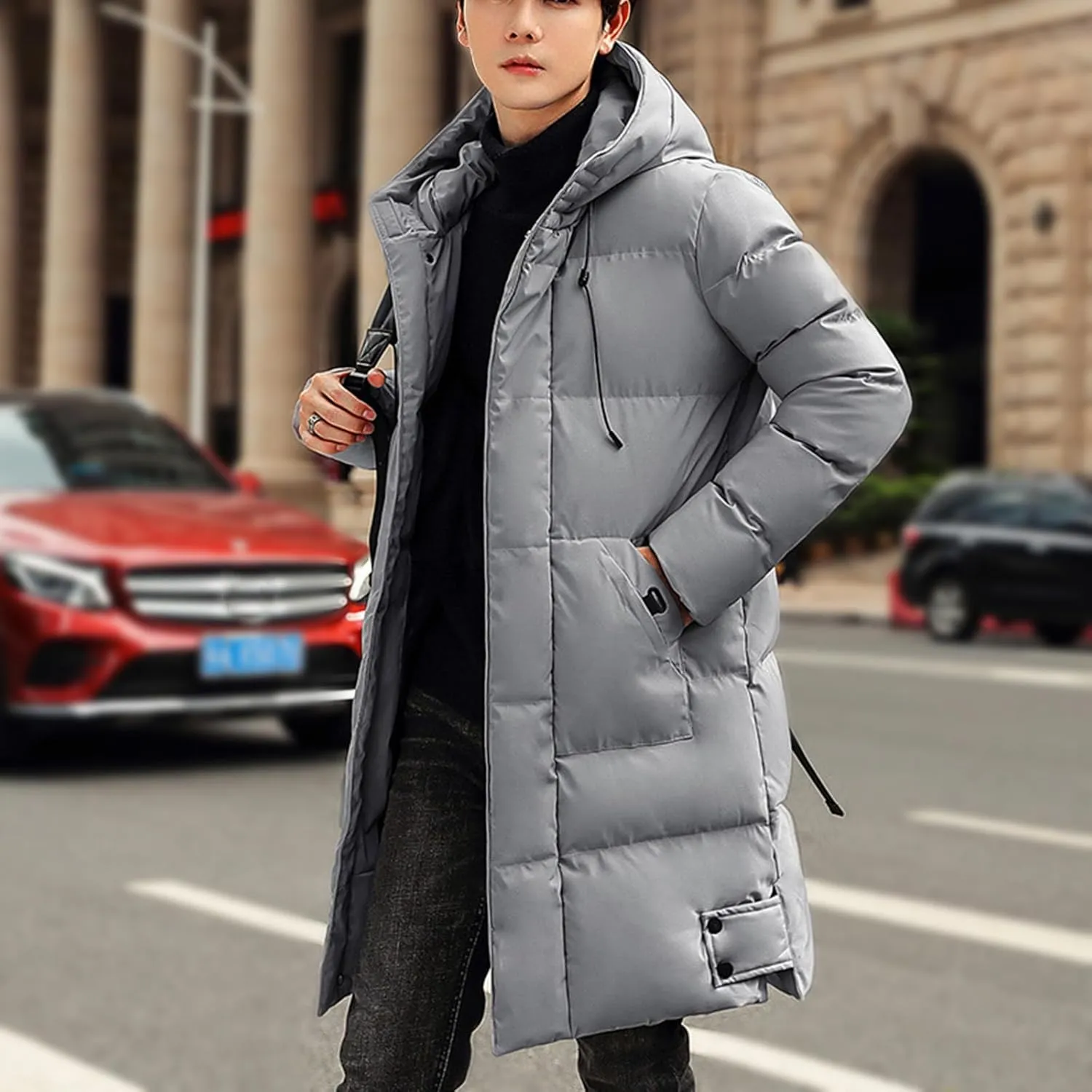 Mens Winter 2024 Tops Solid Mid-Length Jacket Classic Button Pocket Blouses Fashion Long Sleeve Hooded Jackets Coats