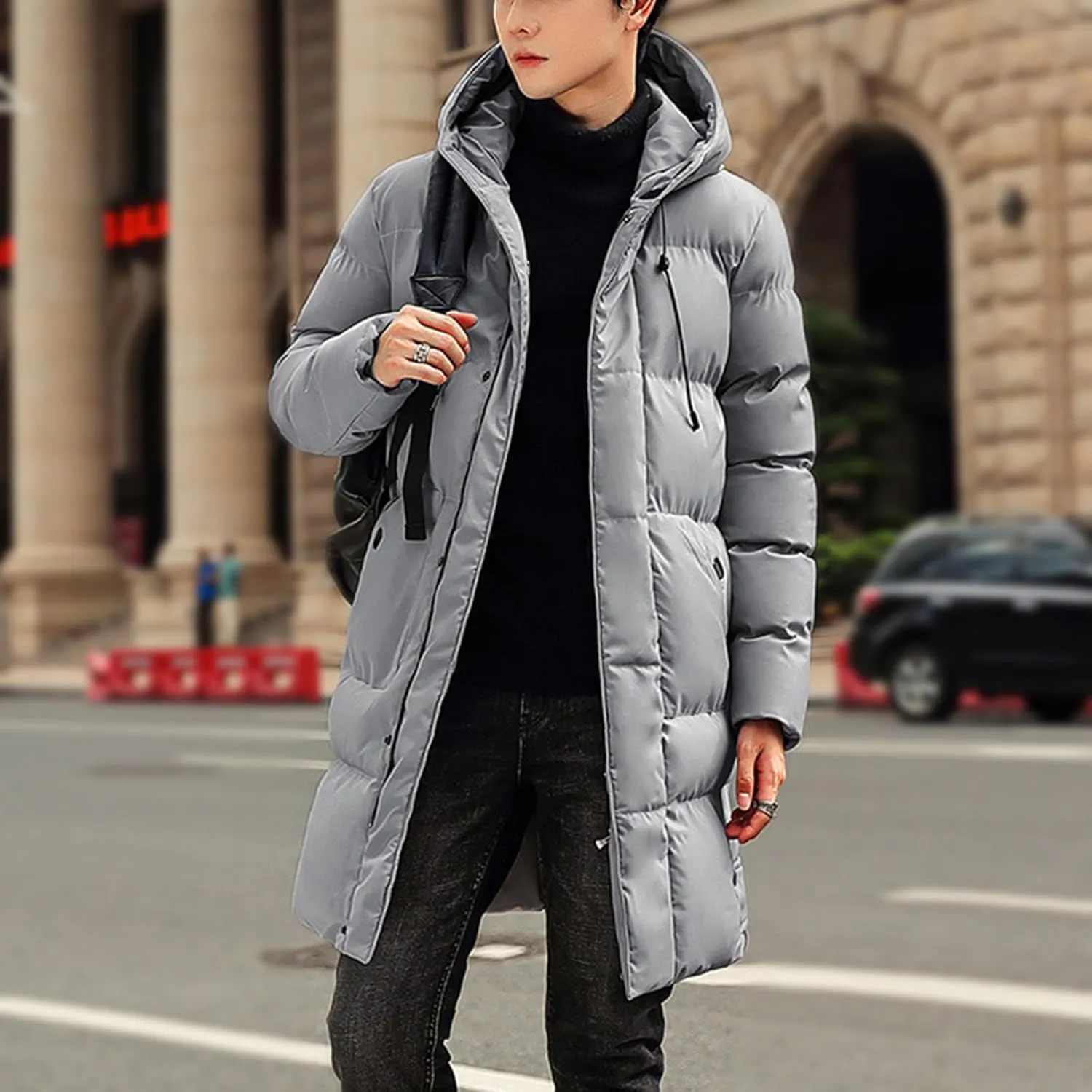 Mens Winter 2024 Tops Solid Mid-Length Jacket Classic Button Pocket Blouses Fashion Long Sleeve Hooded Jackets Coats