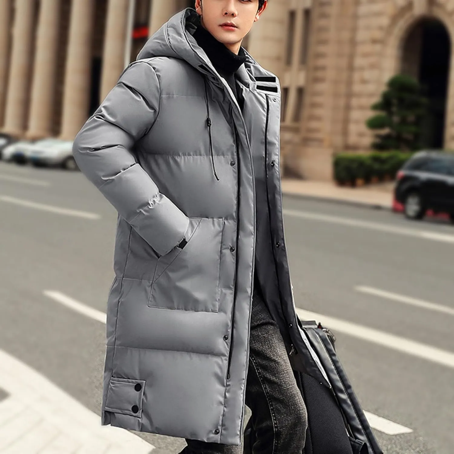 Mens Winter 2024 Tops Solid Mid-Length Jacket Classic Button Pocket Blouses Fashion Long Sleeve Hooded Jackets Coats