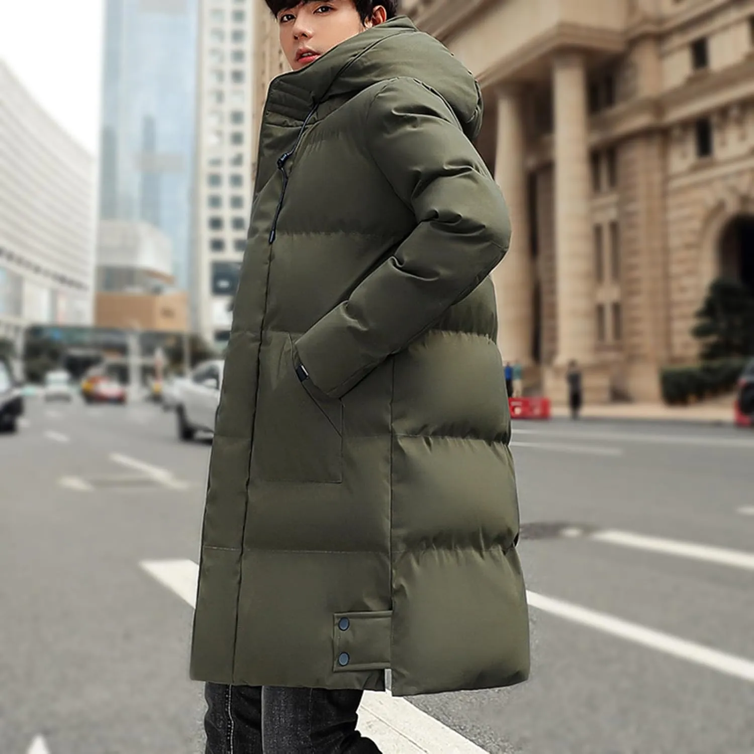 Mens Winter 2024 Tops Solid Mid-Length Jacket Classic Button Pocket Blouses Fashion Long Sleeve Hooded Jackets Coats