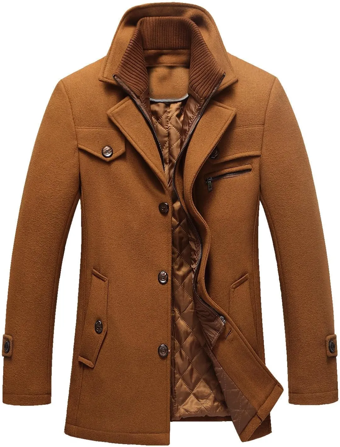 Men's Winter Pea Coat Slim Fit Single Breasted Short Wool Jacket Woolen Blend Trench Coat Thickening Fleece Overcoats