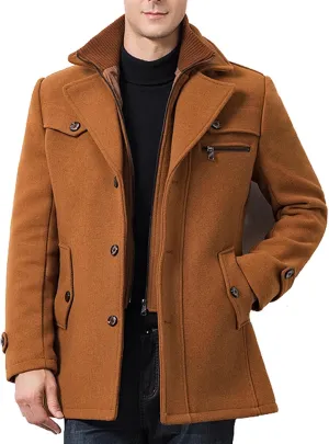 Men's Winter Pea Coat Slim Fit Single Breasted Short Wool Jacket Woolen Blend Trench Coat Thickening Fleece Overcoats