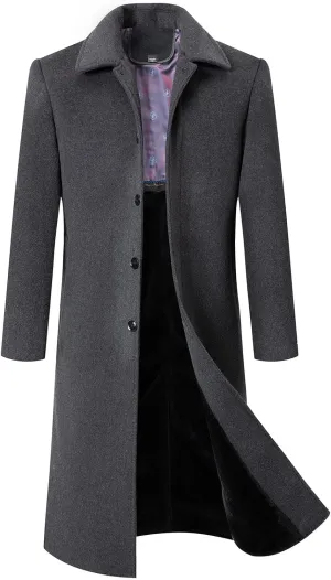 Men's Wool Blend Trench Coat Winter Slim Fit Business Top Coats Single Breasted Overcoat Winter Business Mid Length Overcoats