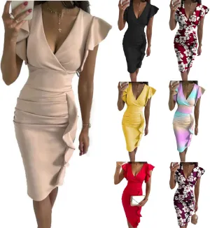 Mmoneyake Womens Ruffle Sleeve Dress Deep V Neck Ruffle Hem Work Pencil Sheath Dress Ruched Bodycon Mini Party Cocktail Dress
