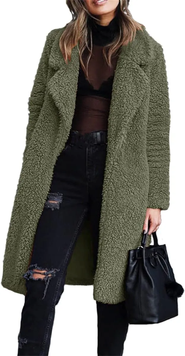 Mmoneyake Women's Winter Coats Fuzzy Fleece Lapel Open Front Long Cardigan Coat Faux Fur Warm Winter Outwear Shacket Jacket