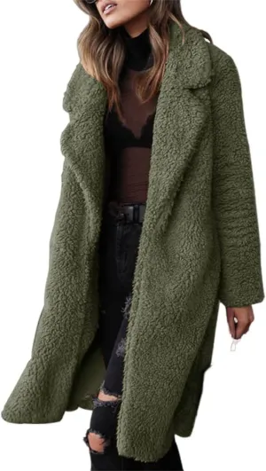 Mmoneyake Women's Winter Coats Fuzzy Fleece Lapel Open Front Long Cardigan Coat Faux Fur Warm Winter Outwear Shacket Jacket