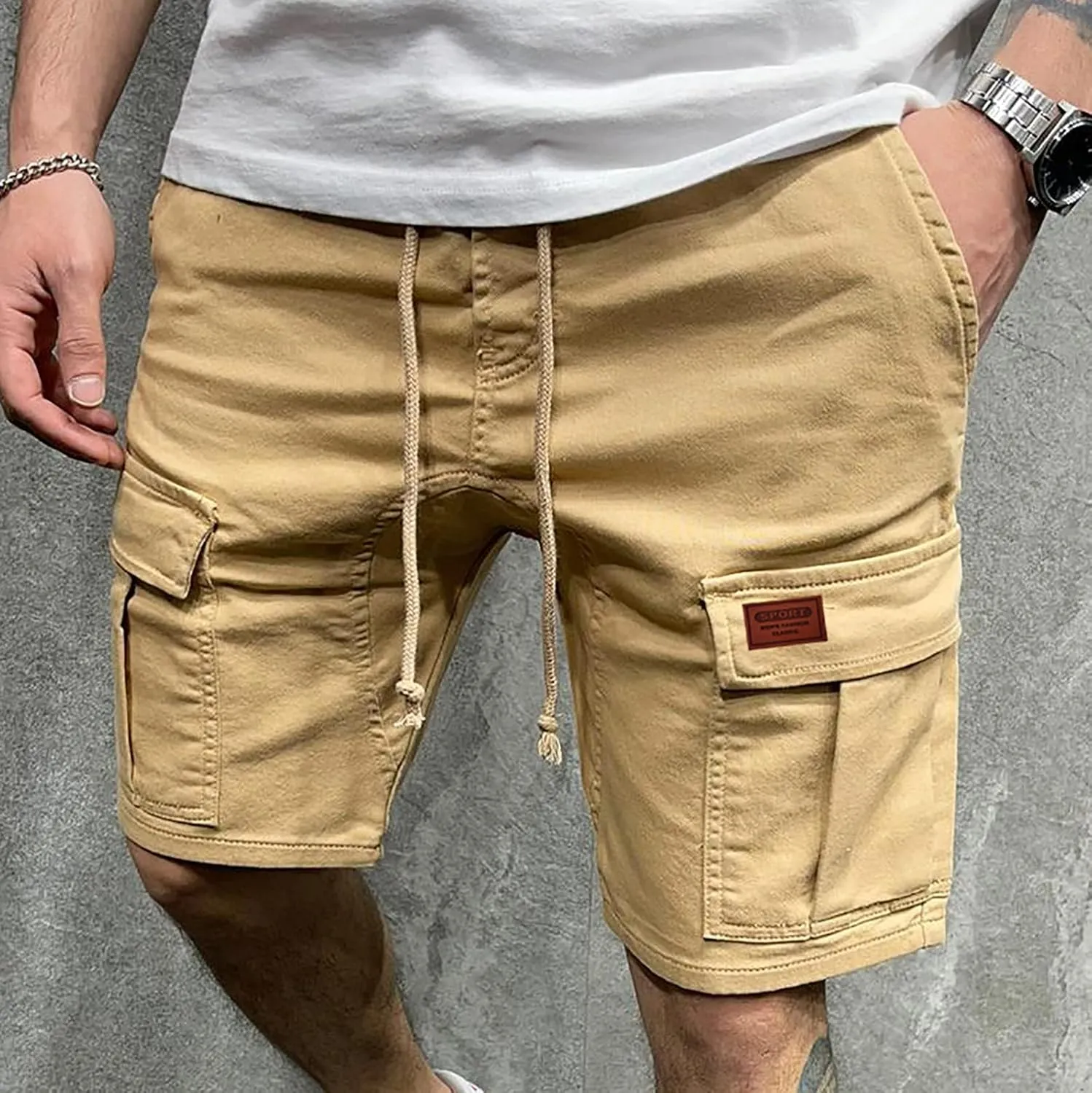 Muscularfit Cargo Shorts for Men 2024 Fashion Elastic Waist Cotton Shorts Multi Pockets Summer Casual Athletic Jogging Shorts