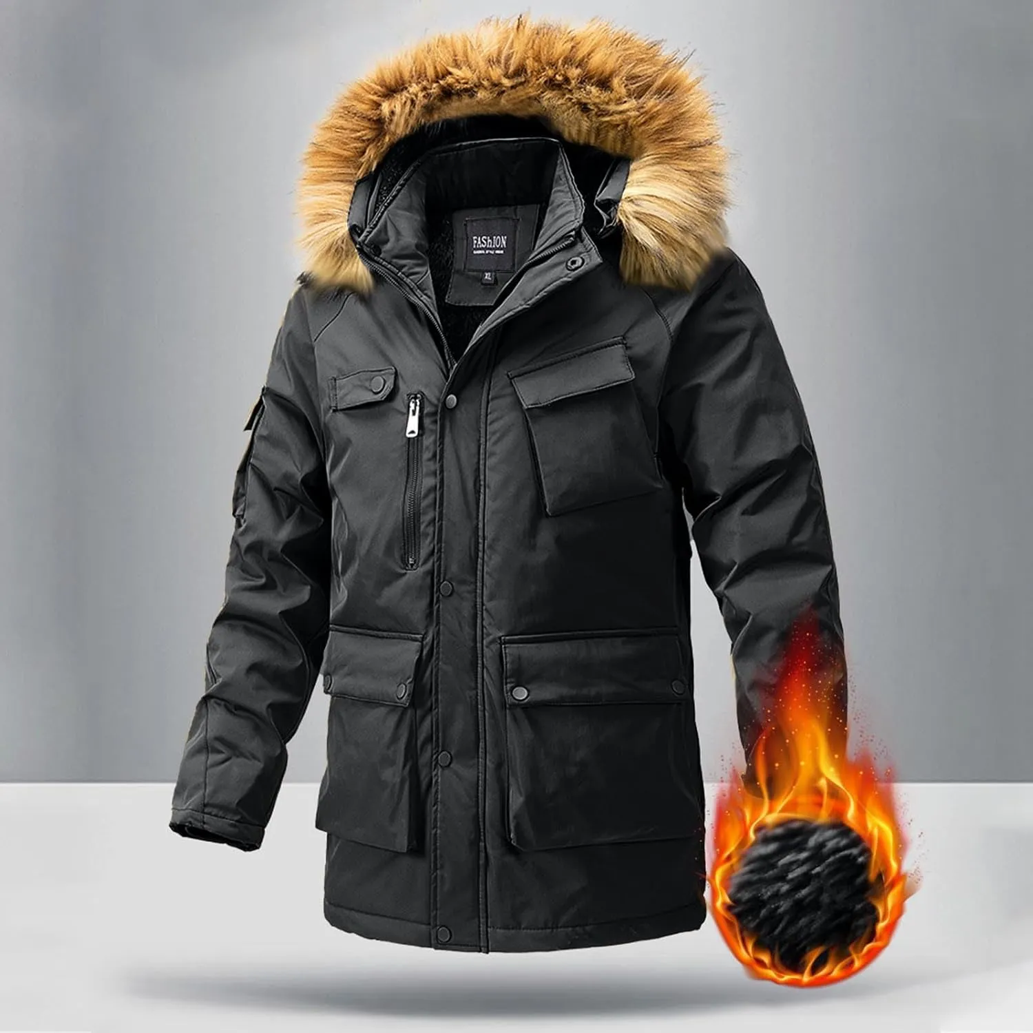 Muscularfit Men's Winter Thicken Coat Zip Up Warm Faux Fur Lined Padded Puffer Parka Jacket Coat with Faux Fur Removable Hood