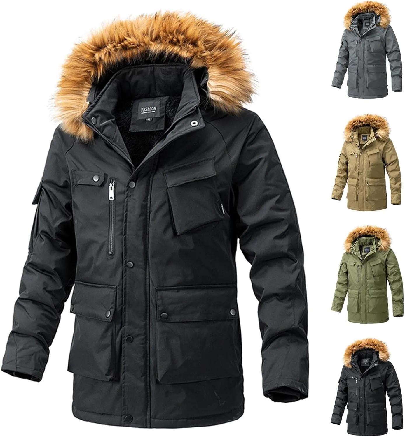 Muscularfit Men's Winter Thicken Coat Zip Up Warm Faux Fur Lined Padded Puffer Parka Jacket Coat with Faux Fur Removable Hood