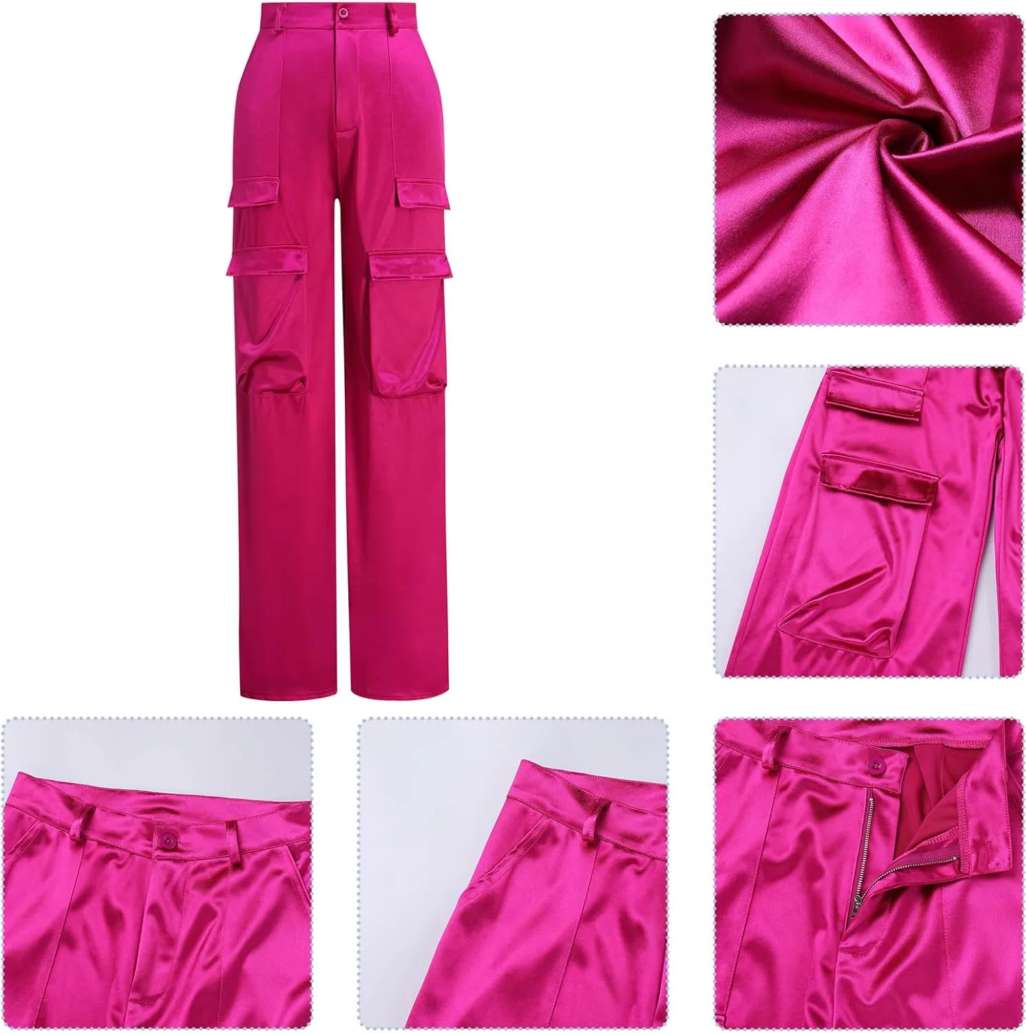 ODIZLI Satin Cargo Pants for Women High Waisted Wide Leg Trousers Multiple Pockets Y2K Streetwear Hip Hop Baggy Pants