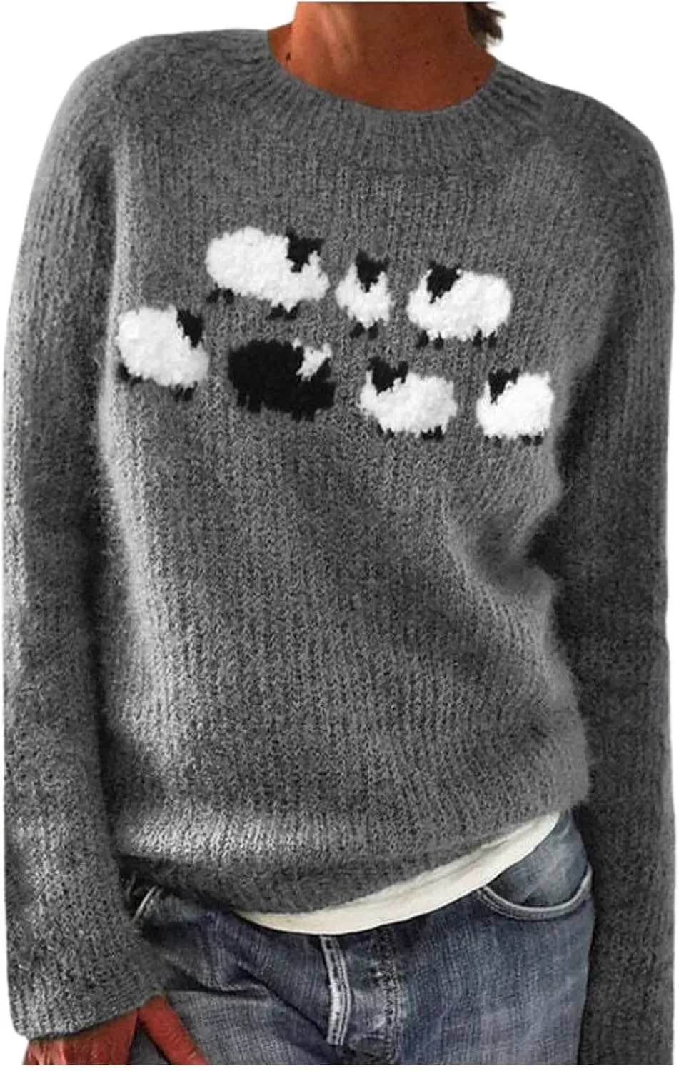 Oversized Sweaters for Women Round Neck Jacquard Long Sleeve Comfort Casual Loose Pullover Knitted Warm Tops