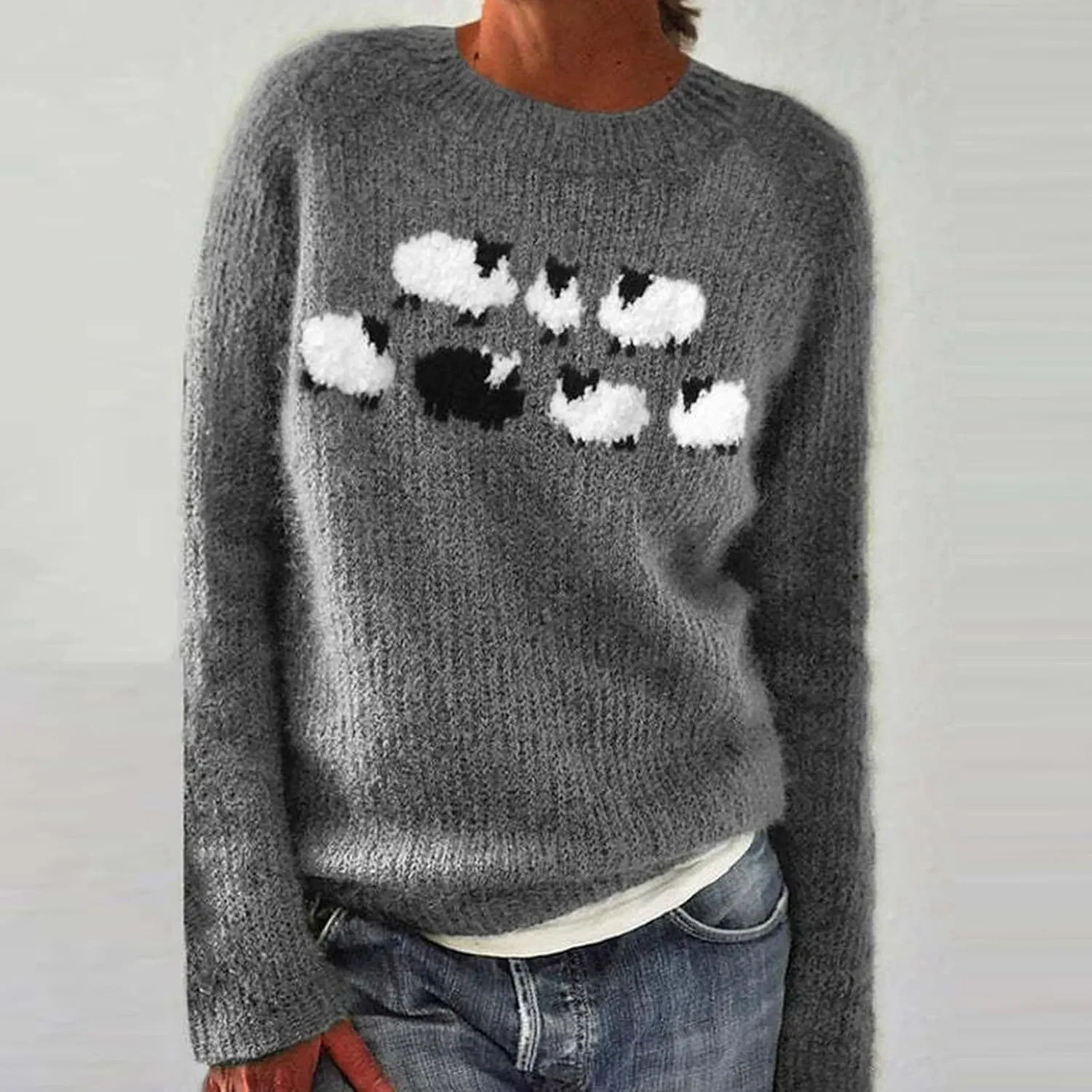 Oversized Sweaters for Women Round Neck Jacquard Long Sleeve Comfort Casual Loose Pullover Knitted Warm Tops