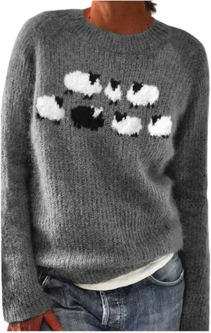 Oversized Sweaters for Women Round Neck Jacquard Long Sleeve Comfort Casual Loose Pullover Knitted Warm Tops