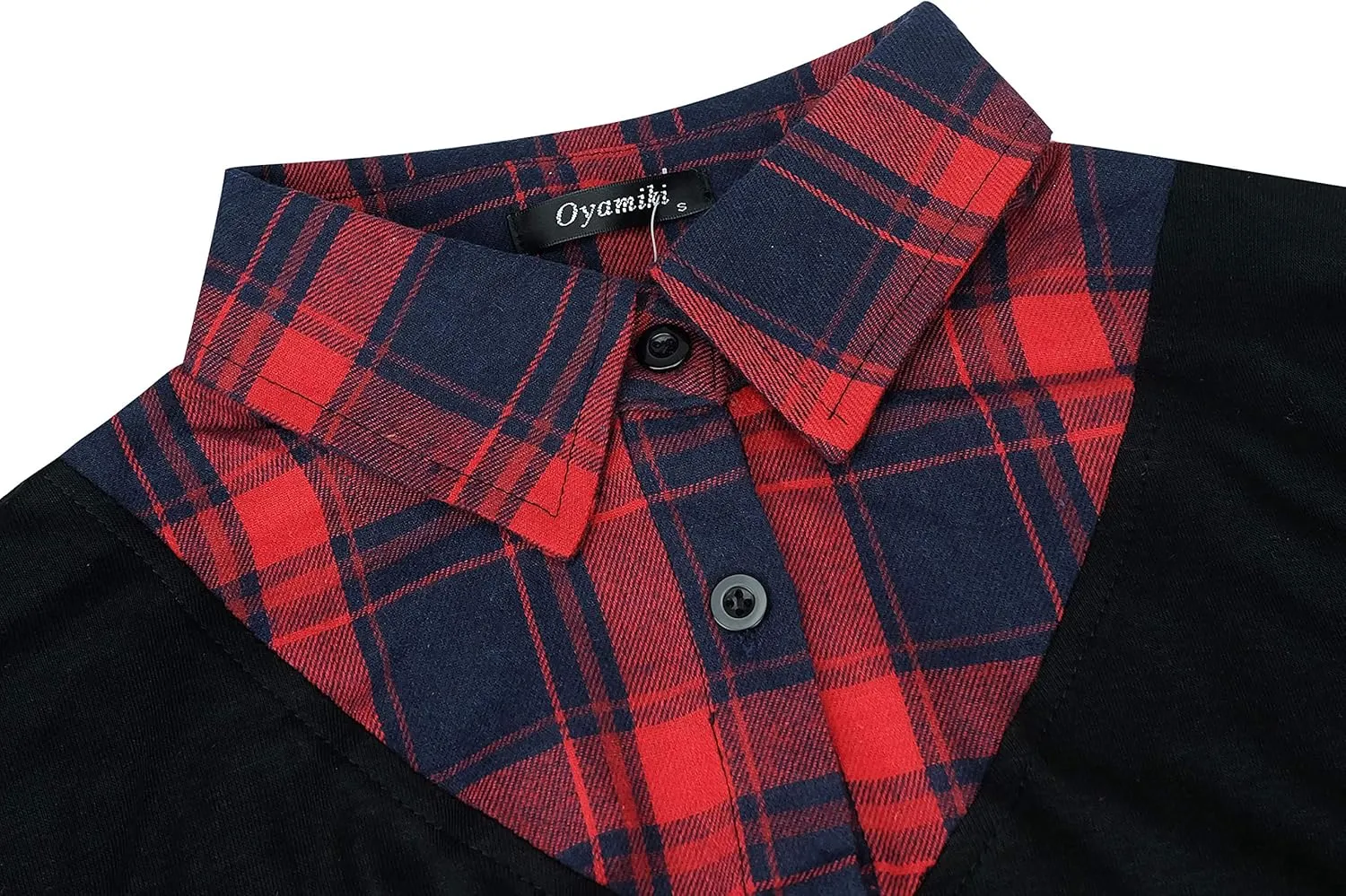 Oyamiki Women's Casual Collared Curved Hem 2 in 1 Pullover Tops Plaid Contrast Shirt Blouse