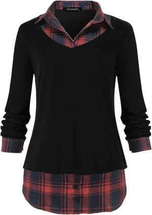 Oyamiki Women's Casual Collared Curved Hem 2 in 1 Pullover Tops Plaid Contrast Shirt Blouse