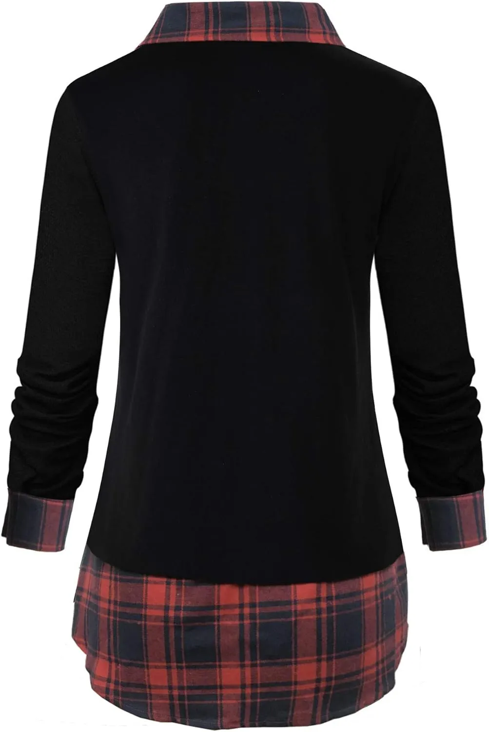 Oyamiki Women's Casual Collared Curved Hem 2 in 1 Pullover Tops Plaid Contrast Shirt Blouse