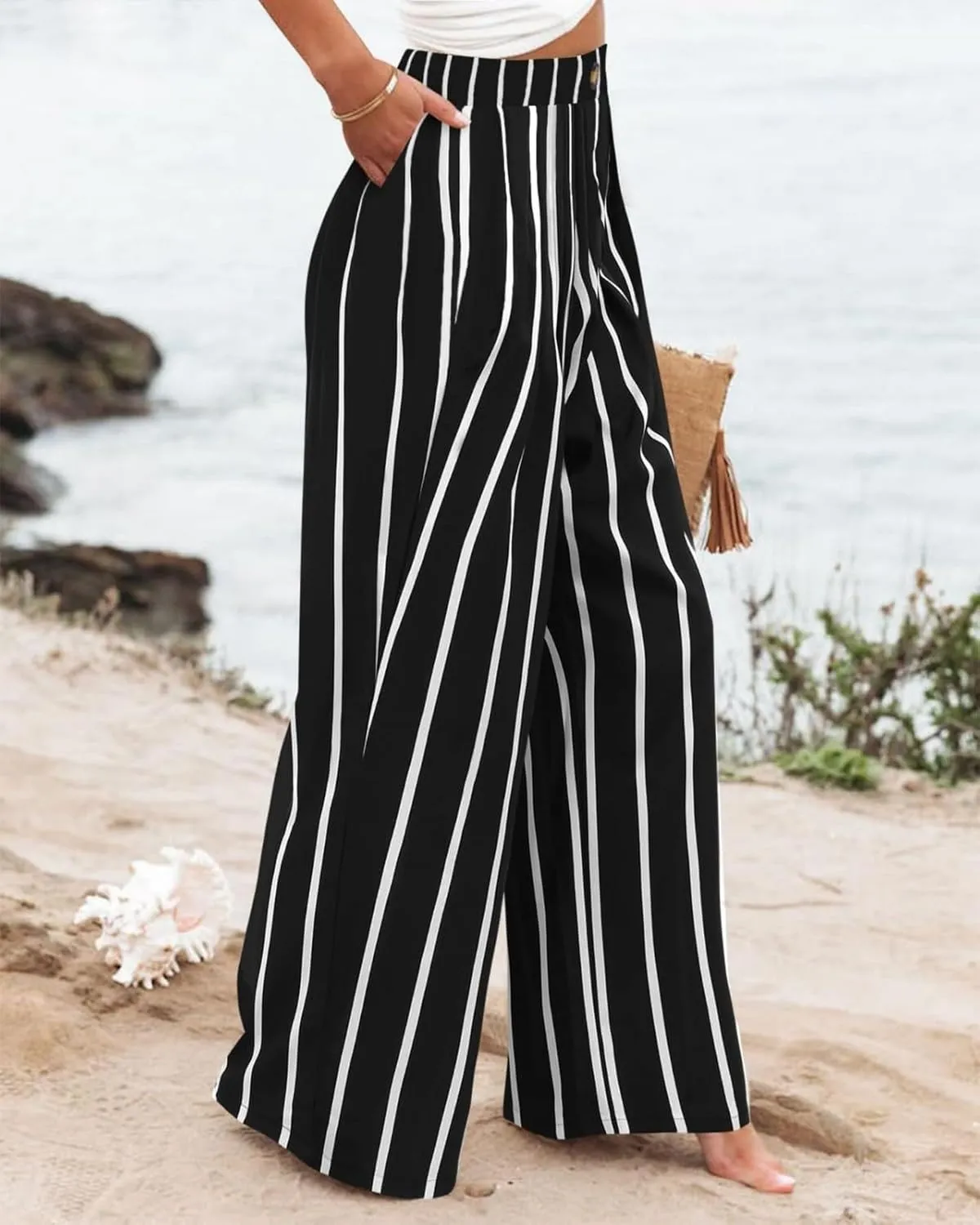 Pants for Women Wide Leg Business Dress Pants Casual Elastic Waist Work Pants Lightweight Vacation Trousers