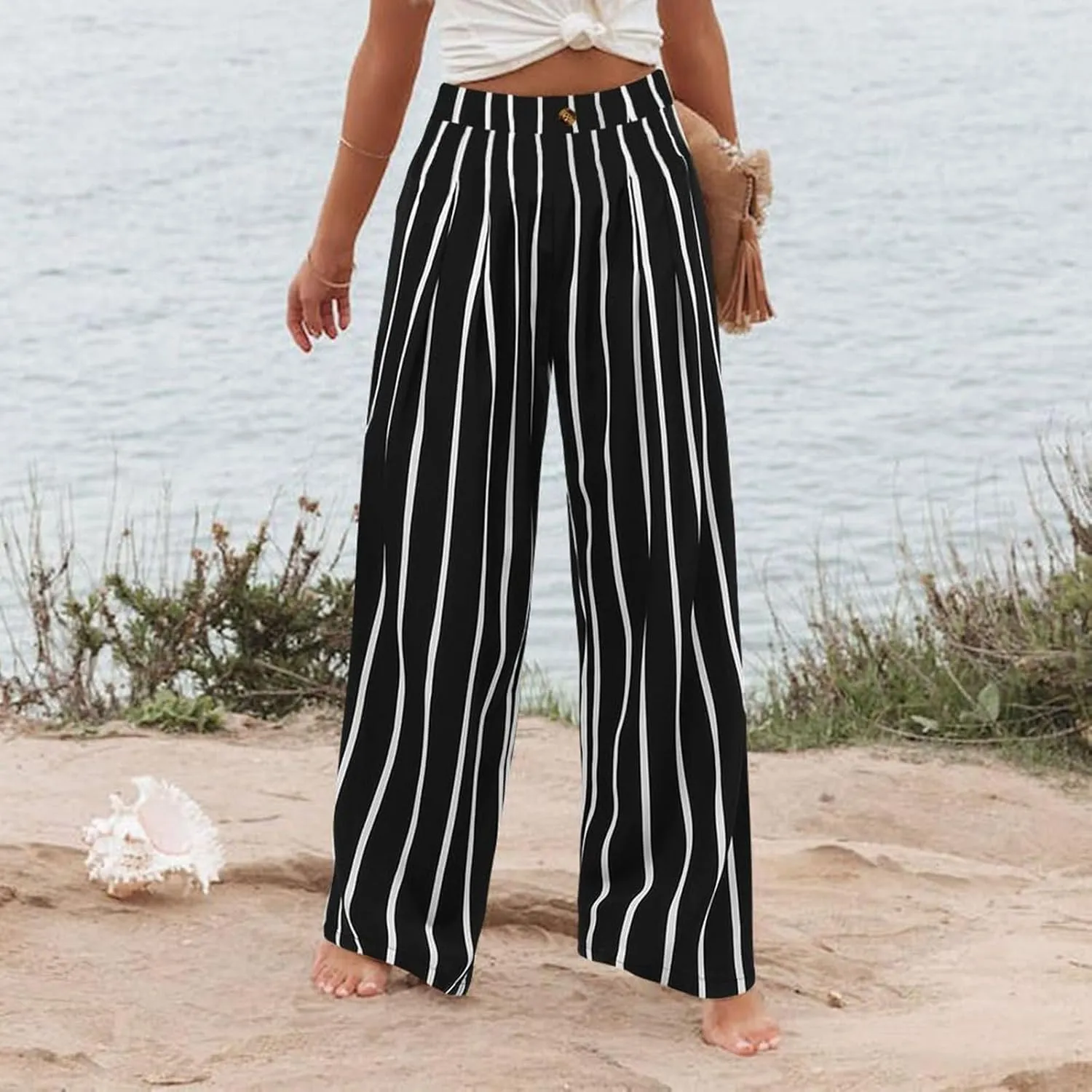 Pants for Women Wide Leg Business Dress Pants Casual Elastic Waist Work Pants Lightweight Vacation Trousers