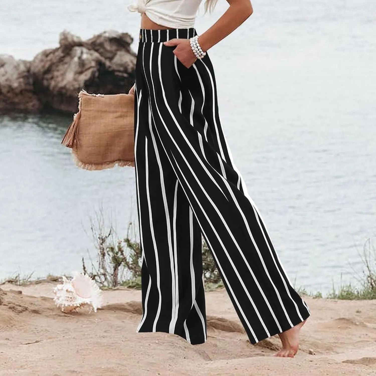 Pants for Women Wide Leg Business Dress Pants Casual Elastic Waist Work Pants Lightweight Vacation Trousers