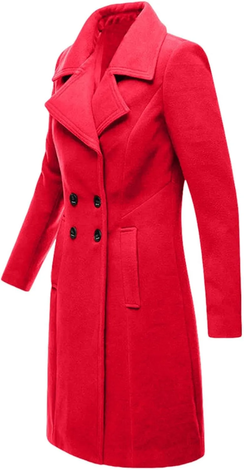 Pea Coats for Women Winter Coats Double Breasted Midi Long Coat Wool Blend Jackets Peacoat Trench Coat Fall Outerwear
