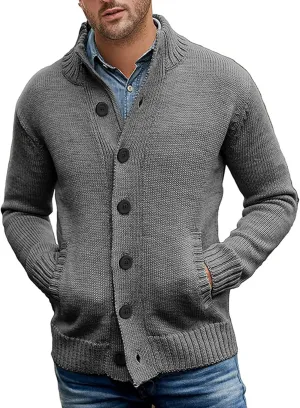 PEHMEA Mens Button Down Stand Collar Cardigan Sweaters Cable Knit Chunky Ribbed Knitted Cardigans