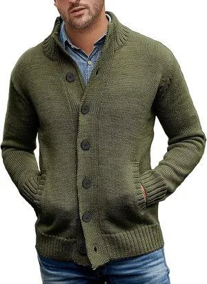 PEHMEA Mens Button Down Stand Collar Cardigan Sweaters Cable Knit Chunky Ribbed Knitted Cardigans