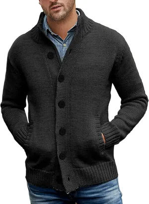 PEHMEA Mens Button Down Stand Collar Cardigan Sweaters Cable Knit Chunky Ribbed Knitted Cardigans