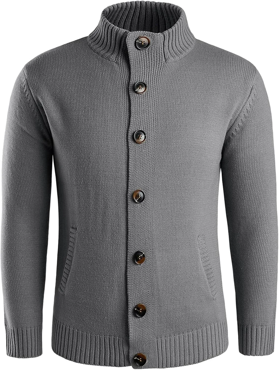 PEHMEA Mens Button Down Stand Collar Cardigan Sweaters Cable Knit Chunky Ribbed Knitted Cardigans