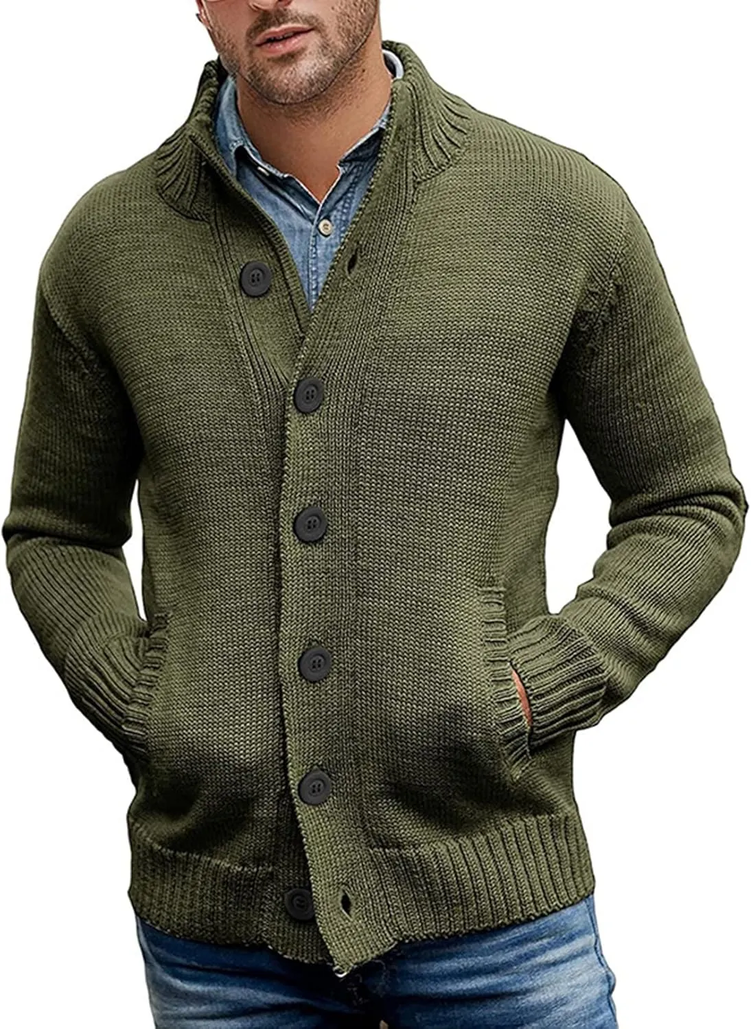 PEHMEA Mens Button Down Stand Collar Cardigan Sweaters Cable Knit Chunky Ribbed Knitted Cardigans