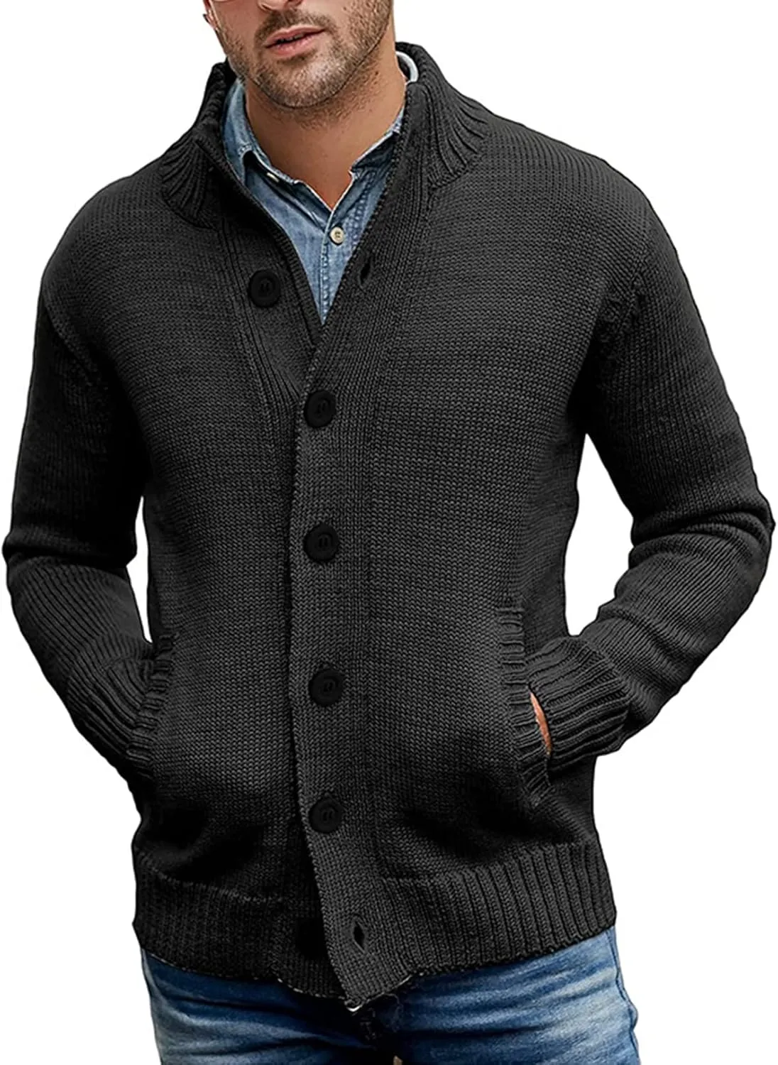 PEHMEA Mens Button Down Stand Collar Cardigan Sweaters Cable Knit Chunky Ribbed Knitted Cardigans