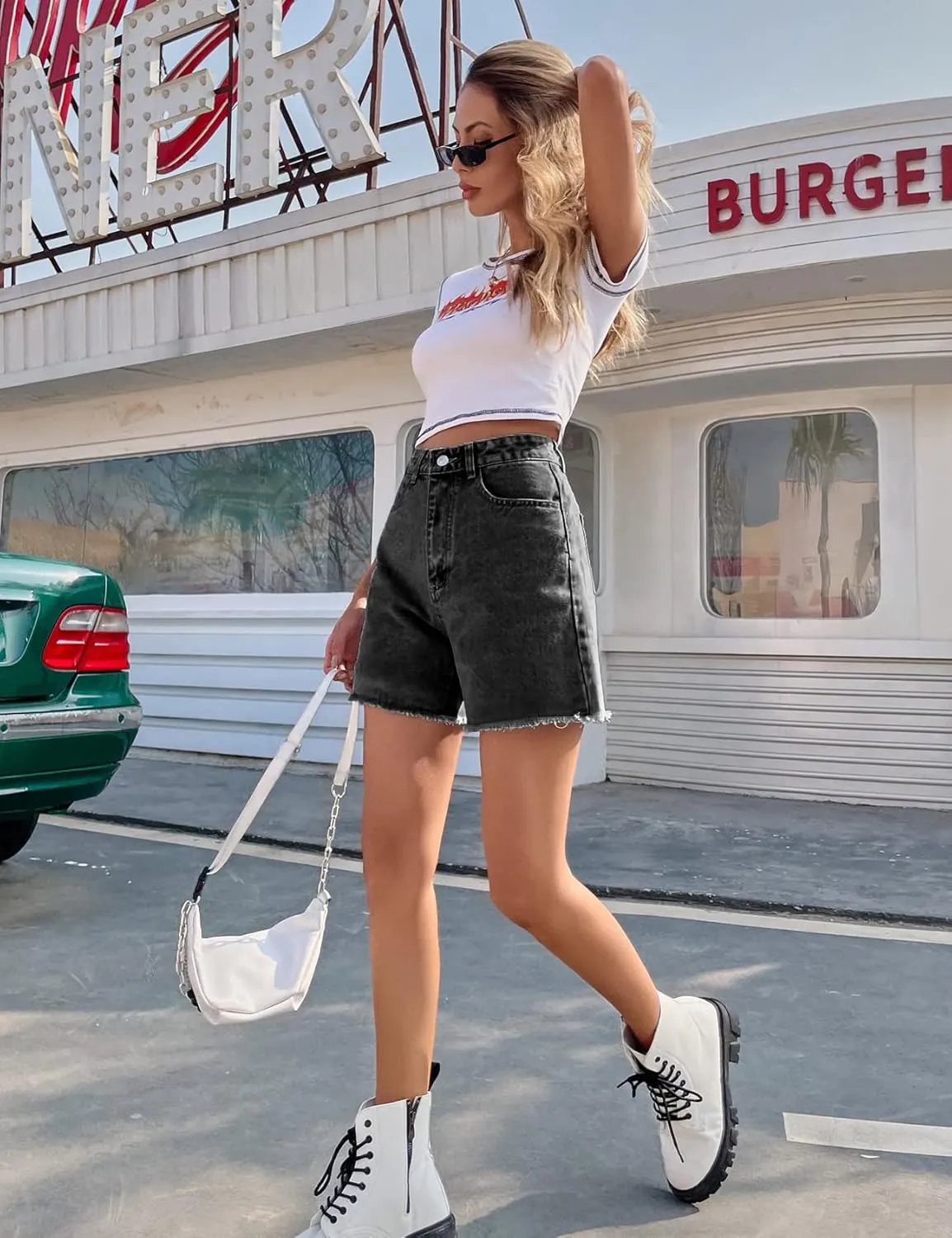 Perbai Women's High Waisted Denim Shorts Straight Leg Raw Hem Summer Jean Hot Shorts with Pockets