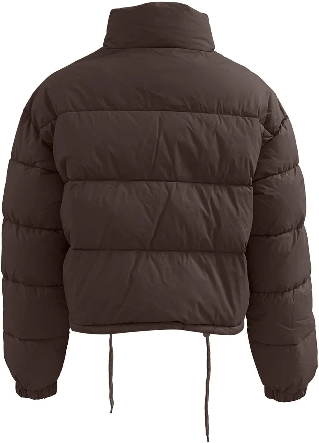 Puffer Jacket for Women Long Sleeve High Neck Full Zip Up Plain Short Down Coat Stand-up Collar Drawstring Autumn Windproof