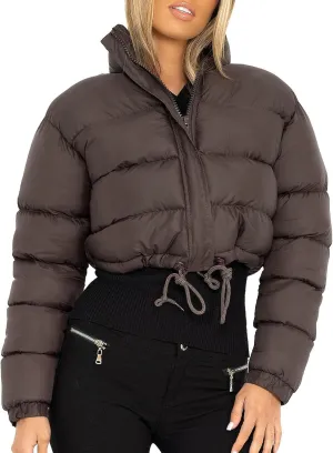 Puffer Jacket for Women Long Sleeve High Neck Full Zip Up Plain Short Down Coat Stand-up Collar Drawstring Autumn Windproof