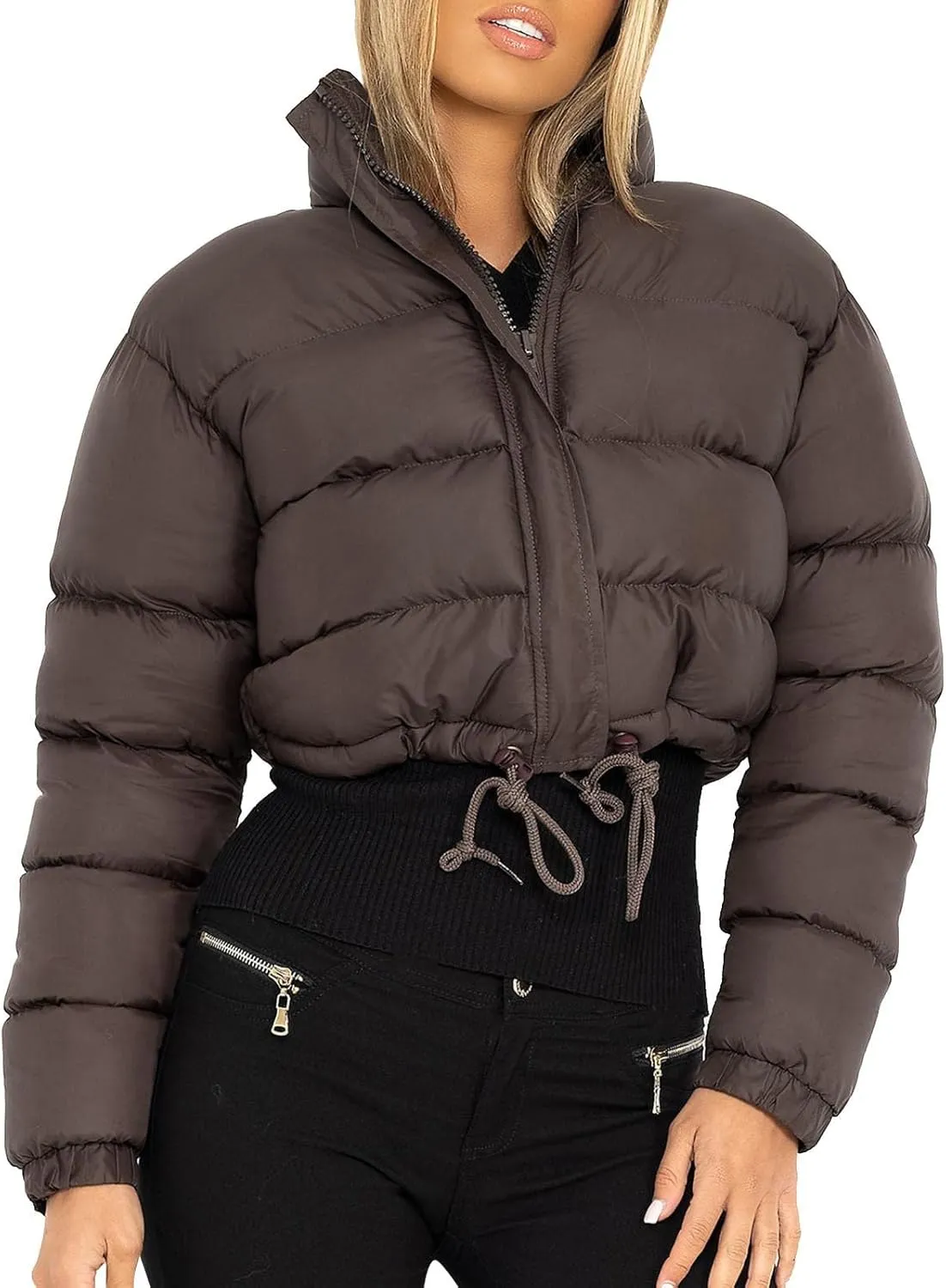 Puffer Jacket for Women Long Sleeve High Neck Full Zip Up Plain Short Down Coat Stand-up Collar Drawstring Autumn Windproof