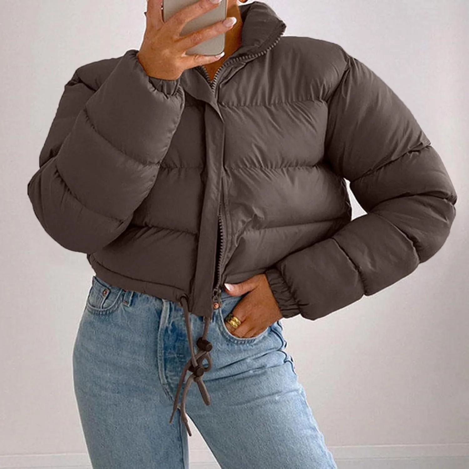 Puffer Jacket for Women Long Sleeve High Neck Full Zip Up Plain Short Down Coat Stand-up Collar Drawstring Autumn Windproof