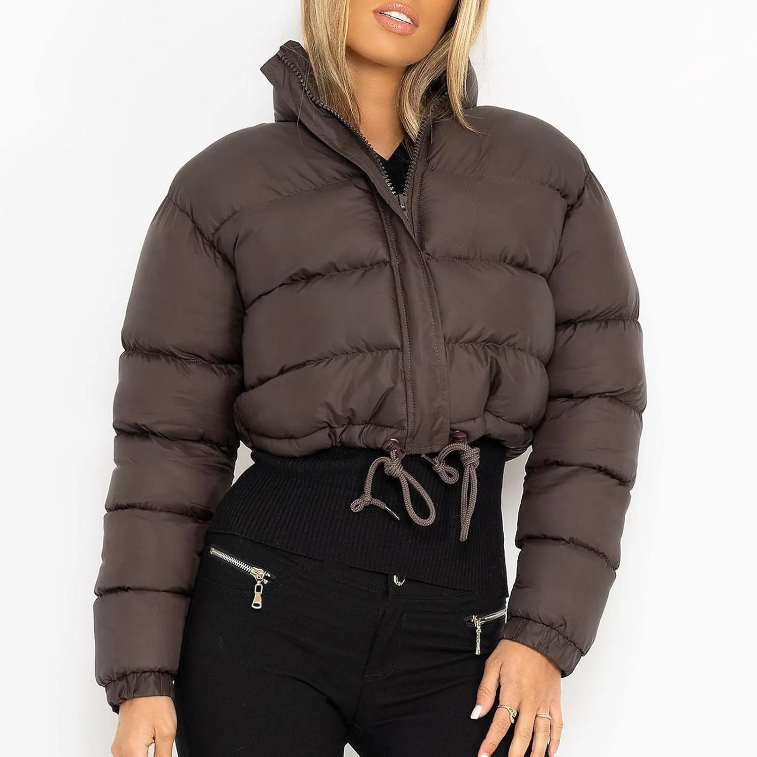 Puffer Jacket for Women Long Sleeve High Neck Full Zip Up Plain Short Down Coat Stand-up Collar Drawstring Autumn Windproof