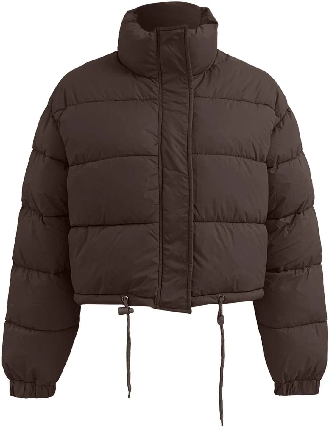 Puffer Jacket for Women Long Sleeve High Neck Full Zip Up Plain Short Down Coat Stand-up Collar Drawstring Autumn Windproof